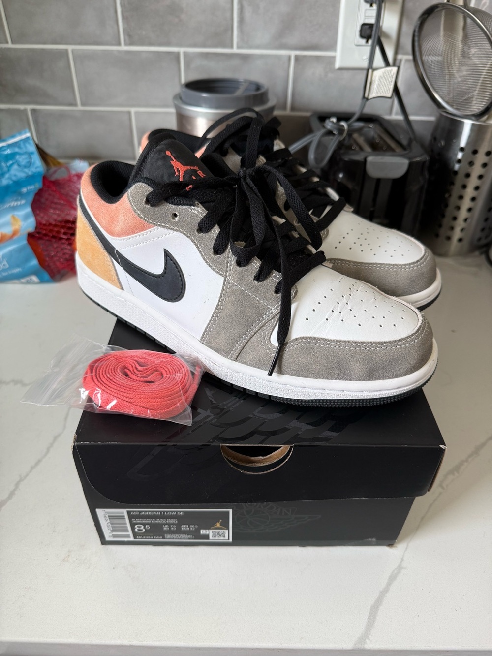 Jordan Low Top Sneakers - White Gray Black with Coral and Orange Accents